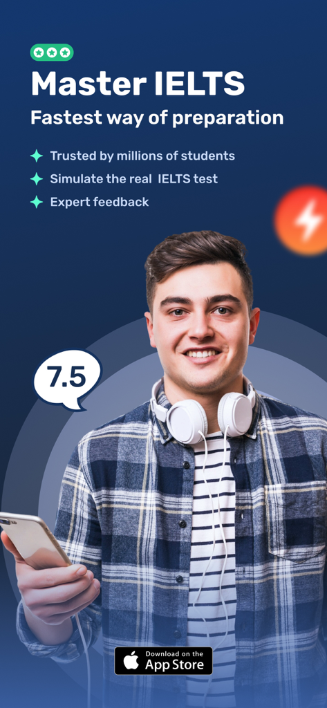 IELTS - Mock Test & AI Tutor - A smiling student holding a smartphone for IELTS exam preparation with AI feedback and mock tests