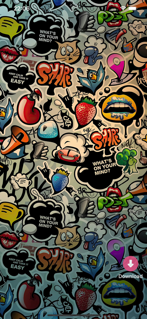 A vibrant doodle art wallpaper for iPhone featuring colorful icons and speech bubbles