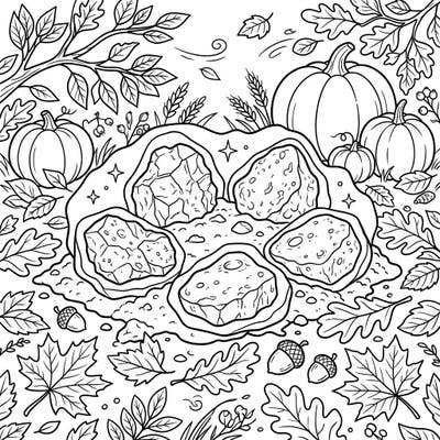 Journey to a unique landscape where scientific discovery meets seasonal charm with this Moon Rocks in Autumn coloring page. Explore lunar samples nestled amongst falling leaves, plump pumpkins, and harvest delights, ready for your creative touch.