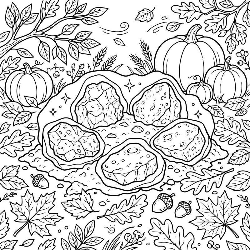 Journey to a unique landscape where scientific discovery meets seasonal charm with this Moon Rocks in Autumn coloring page. Explore lunar samples nestled amongst falling leaves, plump pumpkins, and harvest delights, ready for your creative touch.