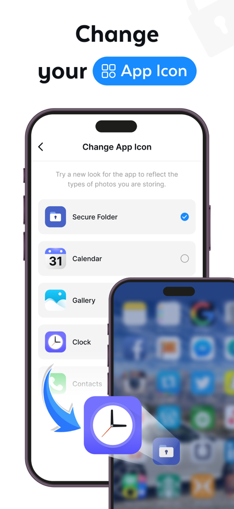 Secure Folder - Private Vault™ - Interface showing options to change the app icon to disguise the private vault as a clock or calendar