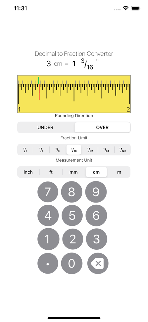Inch Converter - Inch Converter app interface showing a conversion from 3 cm to 1 and 3/16 inches with a visual ruler display