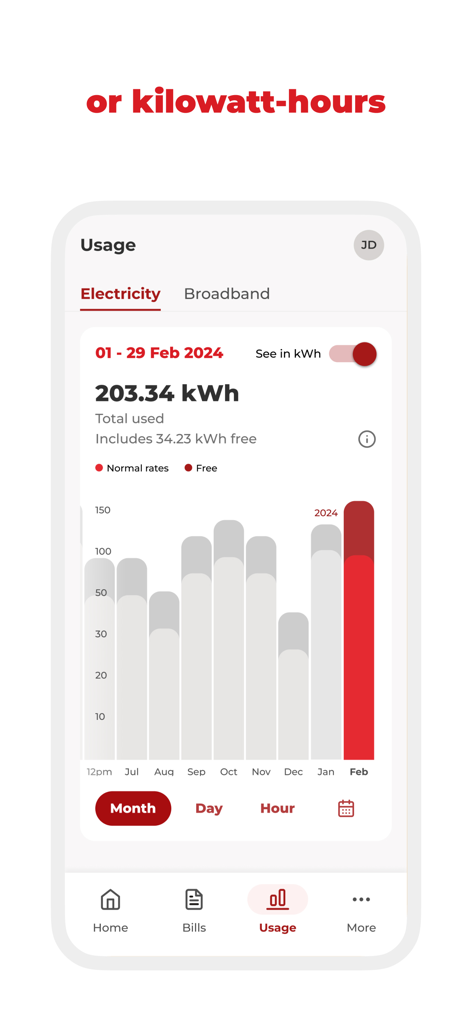 Monthly electricity usage chart in kilowatt-hours on the Contact Energy app screen