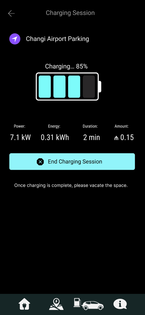 GOFAR - GOFAR app interface showing a real-time electric vehicle charging session with battery status and power metrics