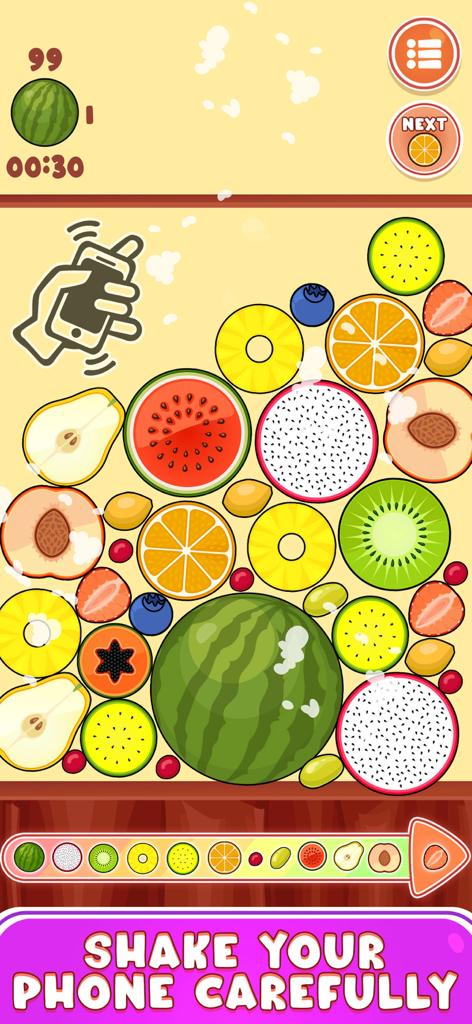 Fruit merge puzzle gameplay showing various fruits and a shake your phone instruction