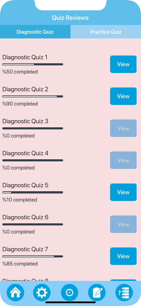Science : Learn Geography - Diagnostic quiz review screen showing progress bars for different geography tests