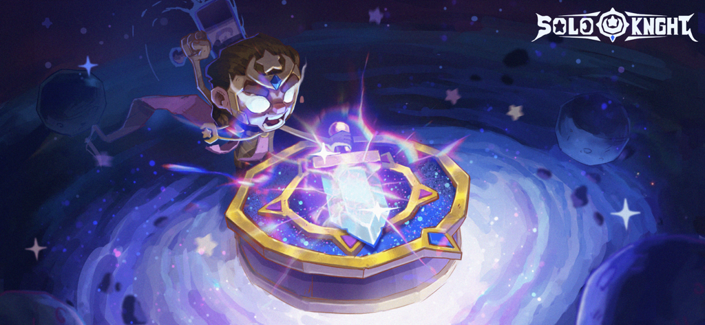 Character pulling a glowing blue sword from a cosmic pedestal in Solo Knight.