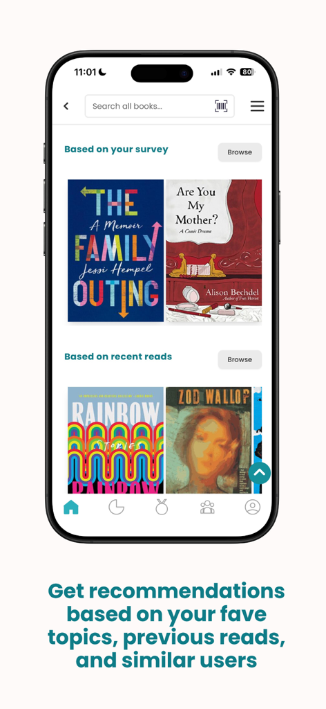 Recomendaciones de libros personalizadas en la pantalla de la aplicación The StoryGraph basadas en encuestas de usuarios y lecturas recientes.