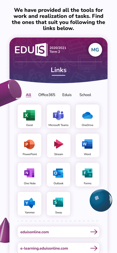 Tableau de bord de l'application Eduis montrant les outils Microsoft Office 365 intégrés et les liens éducatifs.