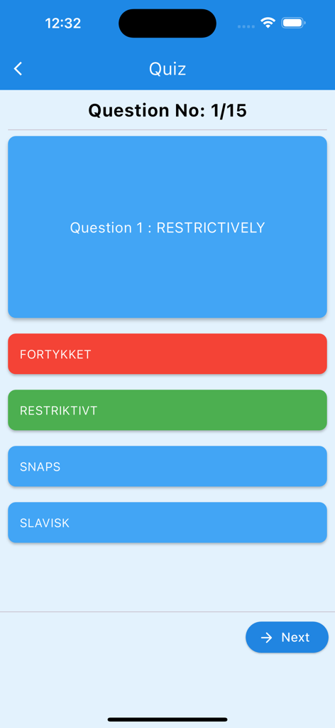 Norwegian Word Dictionary - Interactive vocabulary quiz screen in the Norwegian Word Dictionary mobile app
