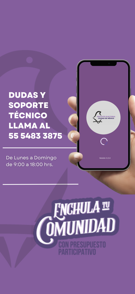 IECM app screen showing technical support contact number and operating hours for participatory budgeting
