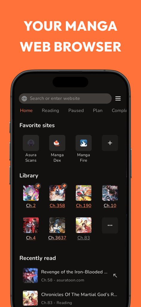 Home screen of MangaPin app showing a personalized manga library and favorite reading sites