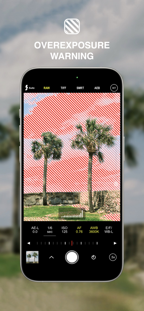 ProCam - Pro Camera - ProCam app interface showing the overexposure warning feature with red zebra stripes on a photo of palm trees