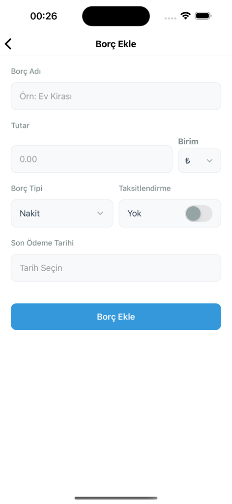 名前、金額、通貨のフィールドを備えた、新しい負債エントリを追加するためのBorç Takipアプリのインターフェイス。