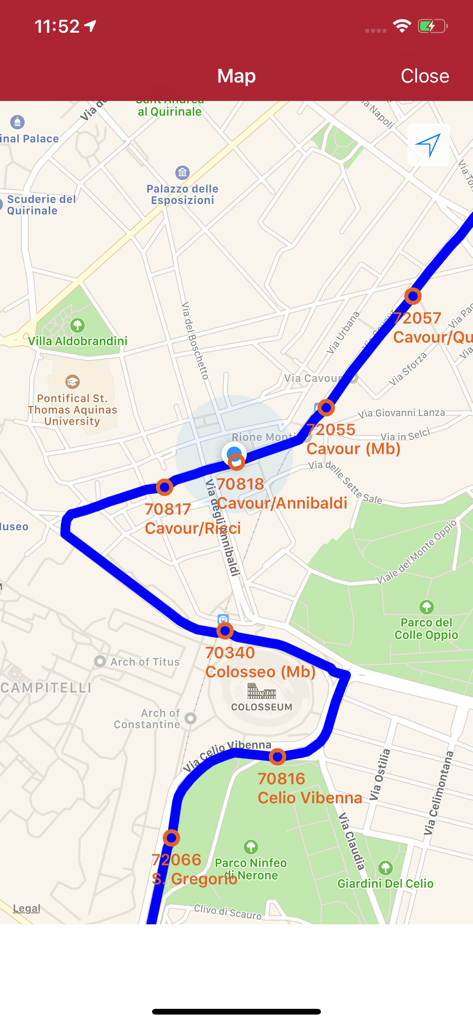 A screenshot of the Bus Roma app map showing a blue bus route and numbered stops near the Colosseum in Rome.