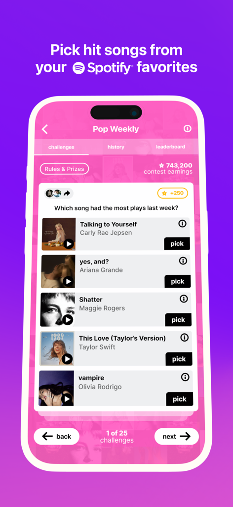 FanLabel app interface showing a music contest to pick hit songs from Spotify favorites.
