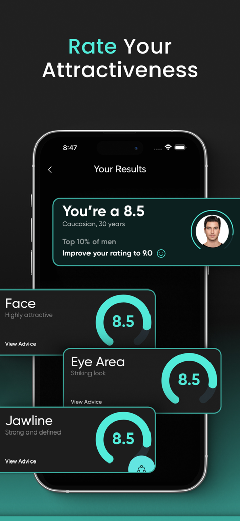 RateByFresh - LooksMax - Smartphone-Bildschirm mit Attraktivitätswerten für Gesicht, Augenpartie und Kieferpartie in der RateByFresh-App