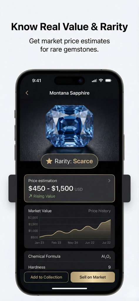 RockIn Rock & Mineral identify - Interfaz de la aplicación RockIn que muestra el valor de mercado, la rareza y el gráfico histórico de precios de una gema de Zafiro de Montana