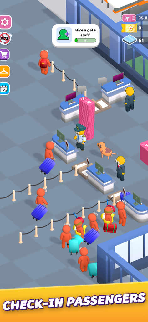 Characters waiting in line at an airport check-in counter in the Airport Master game