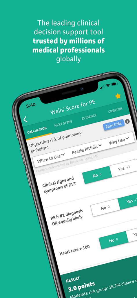 MDCalc app interface showing the Wells Score for Pulmonary Embolism clinical decision support tool.