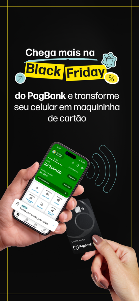 PagBank app interface on a smartphone showing how to accept credit card payments via Tap on Phone