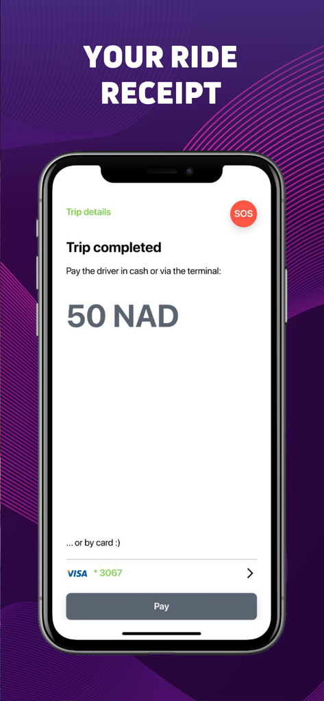 LEFA Namibia - LEFA Namibia ride receipt screen showing trip fare in NAD and credit card payment option