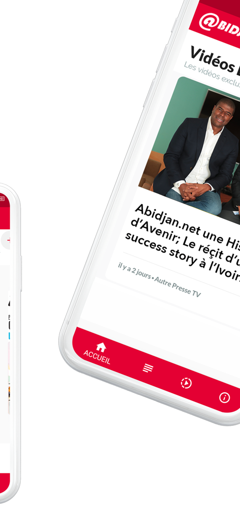 Abidjan.net - Interface de l'application mobile Abidjan net montrant la section vidéo d'actualités avec un article sur une réussite ivoirienne