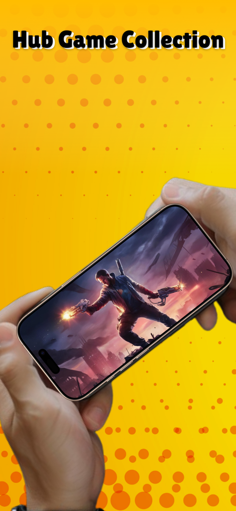 A person holding a smartphone displaying an action game character under the Hub Game Collection title