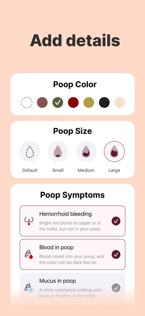 Poop Tracker - Balloon - Interfaz para registrar detalles de las evacuaciones intestinales, incluyendo color, tamaño y síntomas digestivos en la aplicación Balloon.