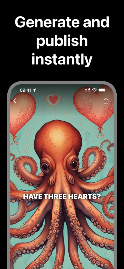 Faceless Video: AI Shorts - Faceless Video app interface showing an AI generated short video about octopus facts with the caption Have Three Hearts