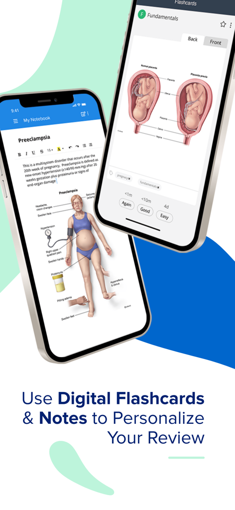UWorld Nursing app interface showing digital study notes and medical flashcards for nursing exam preparation.