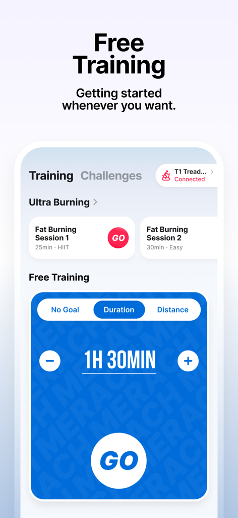 MERACH app interface showing free training mode with a 90 minute duration timer and connected treadmill status