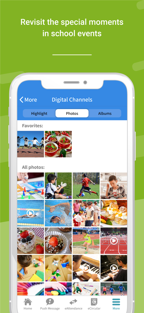 The Digital Channels screen of the eClass Teacher App displaying a gallery of school event photos and videos of student activities