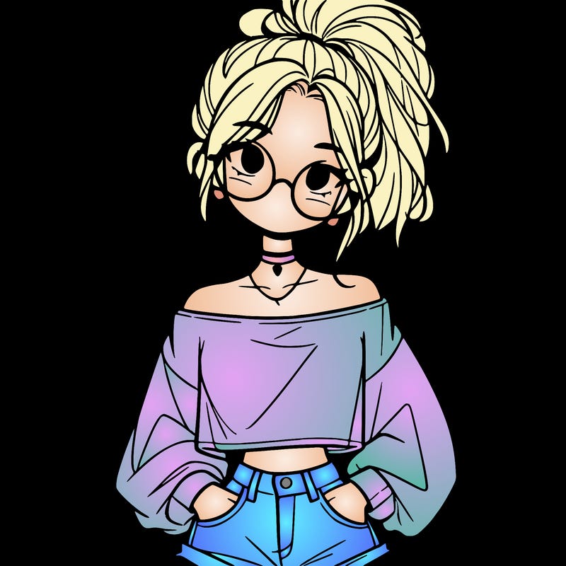 girl with a messy ponytail glasses a baggy crop top and jean shorts