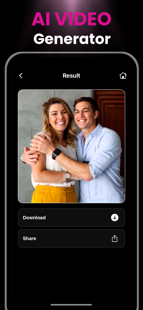 AI Kiss Hug Video Maker Clone - Tela de aplicativo móvel mostrando um vídeo gerado por IA de um casal sorridente se abraçando com botões de download e compartilhamento
