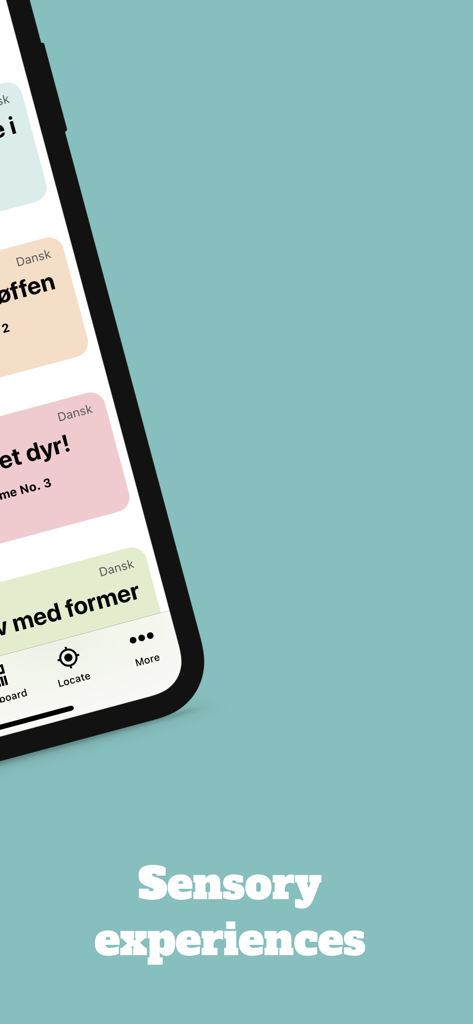Play Yoli App-Bildschirm, der eine Liste interaktiver Spiele und Aktivitäten für Kinder mit der Überschrift 'Sensorische Erfahrungen' anzeigt