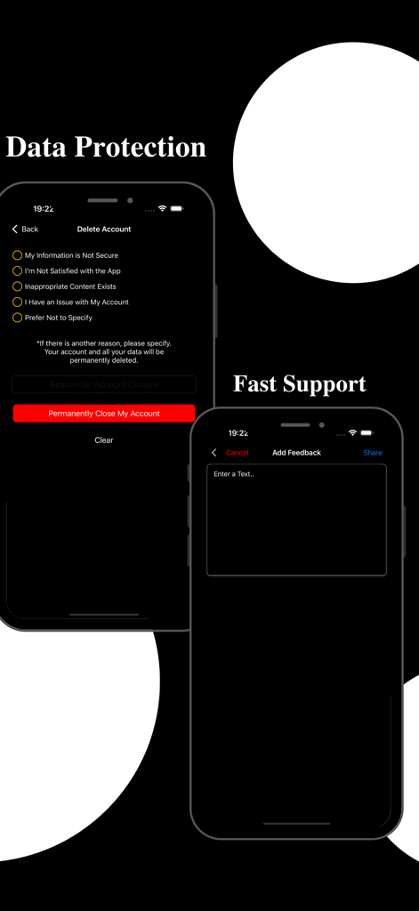 Screenshots of the Bet Heaven app showing account deletion for data protection and an feedback interface for fast support.