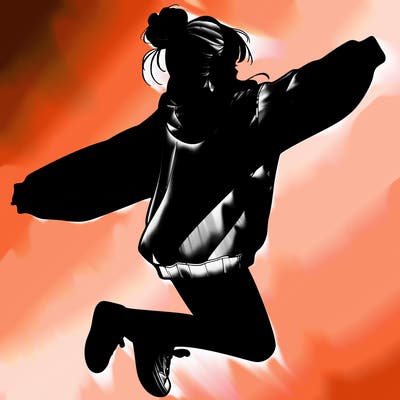 realistic girl jumping with a bun and oversized sweatshirt