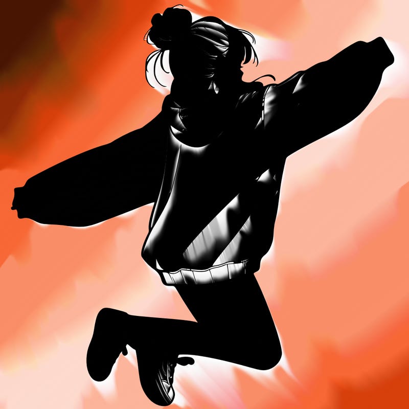 realistic girl jumping with a bun and oversized sweatshirt