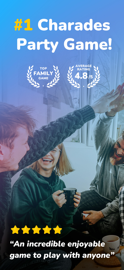 Charades - Explosive Seconds - A group of friends laughing and high-fiving while playing the Charades Explosive Seconds party game