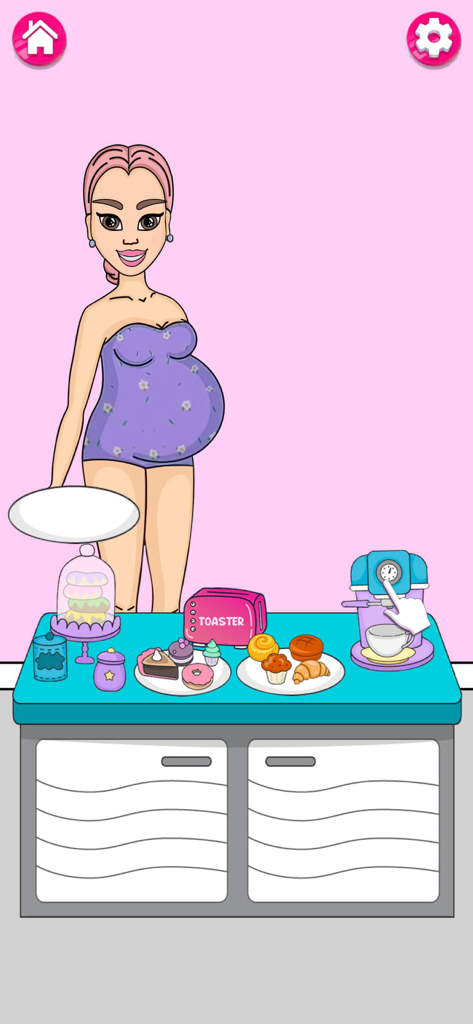 DIY Sweet Paper Doll: Dress Up - Un personaje de muñeca de papel embarazada en una cocina colorida con golosinas de desayuno y una cafetera.