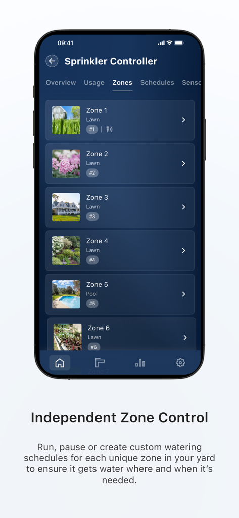 Moen Smart Water Network app interface showing independent zone control for home irrigation.