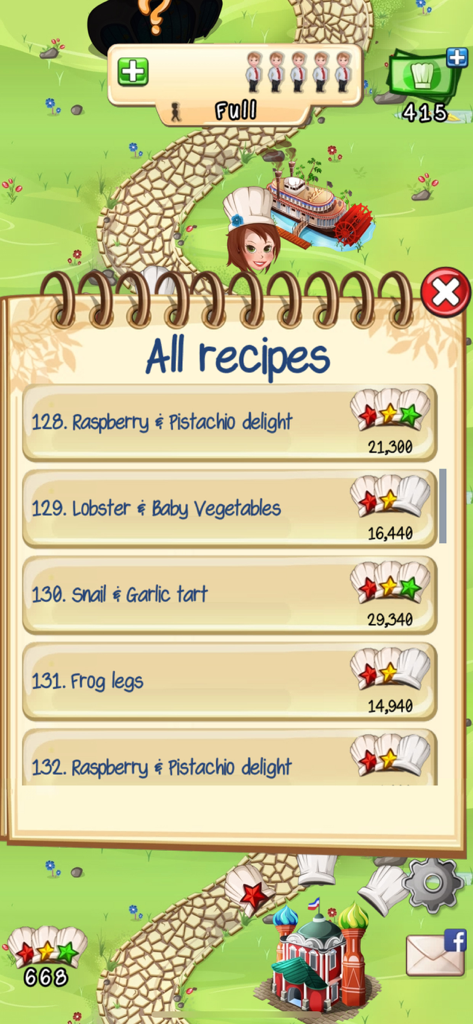 Tasty Tale - In-game menu of Tasty Tale showing a list of recipes and star ratings for completed levels.