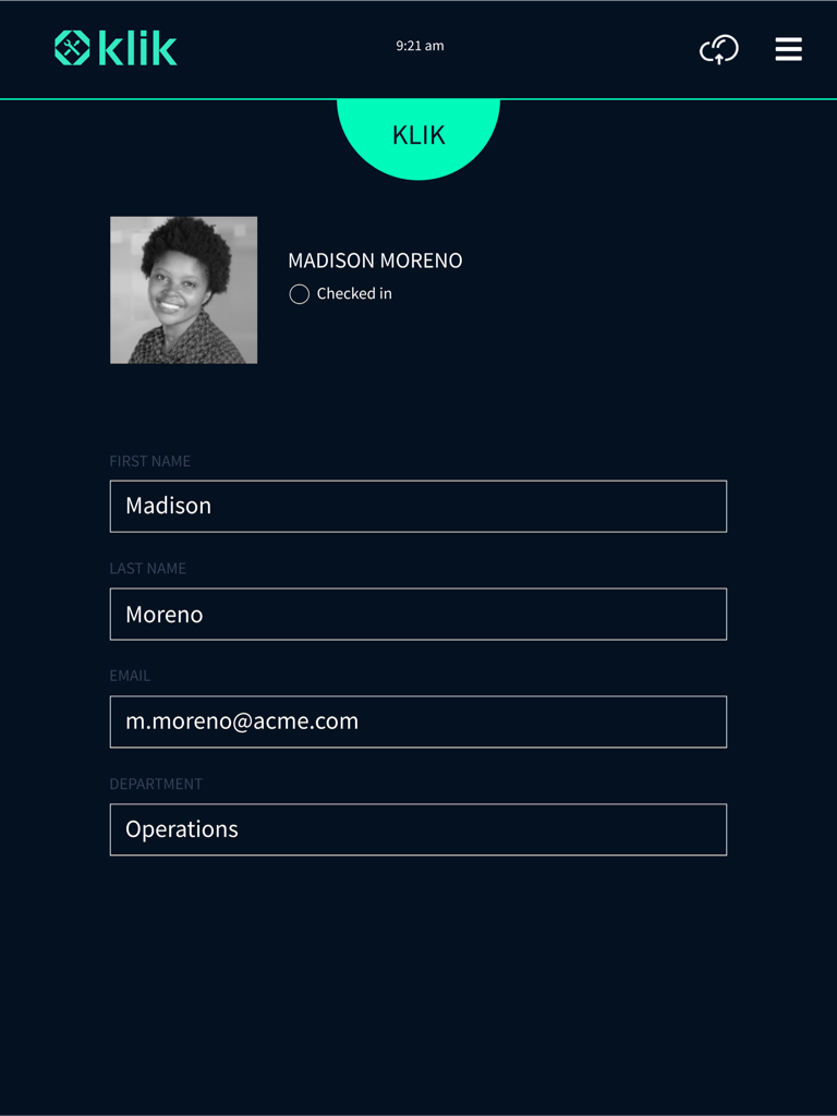 Klik Technician App - Screenshot of the Klik Technician App displaying an attendee profile with check-in status and professional details.