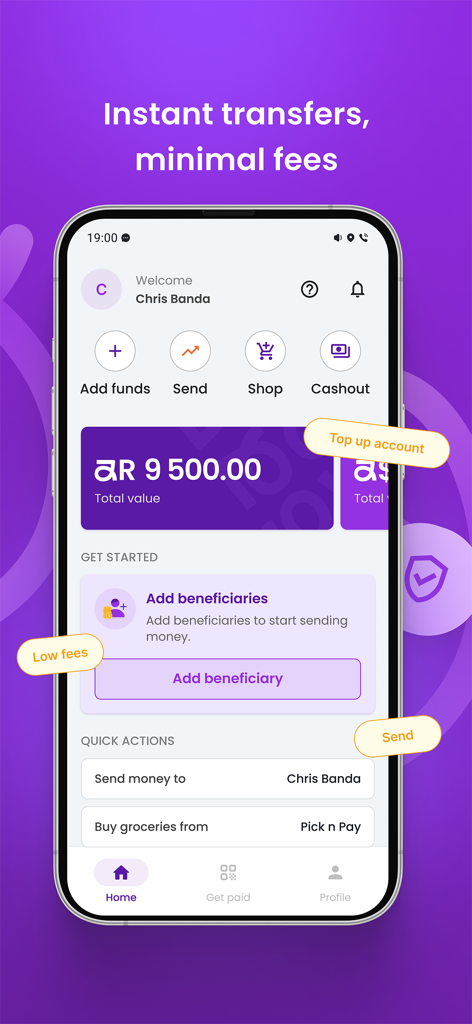 Zeam mobile app dashboard showing account balance and financial service options