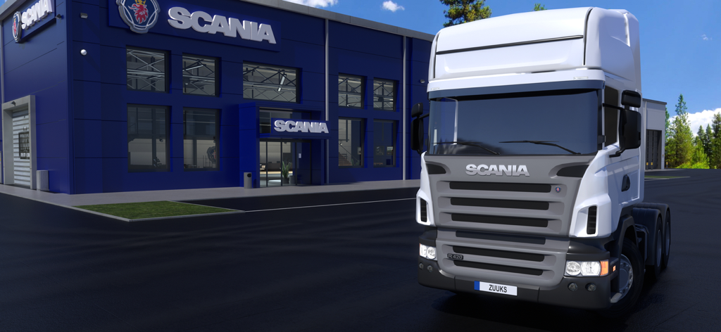 Camión Scania blanco aparcado en un concesionario de marca en Truck Simulator Ultimate
