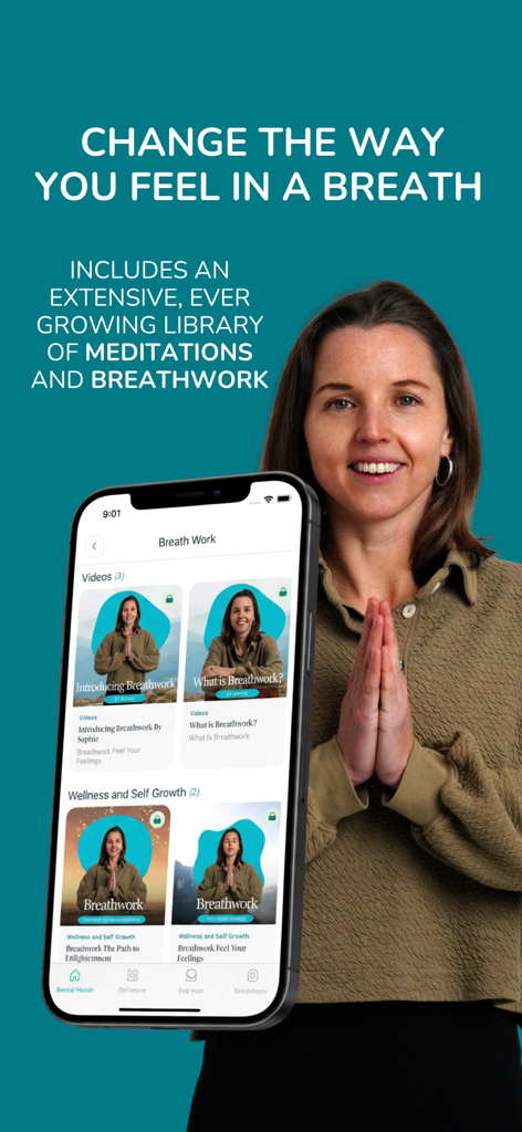 Clear Minds - Hypnotherapy - A smiling woman in a meditation pose next to a smartphone displaying the Clear Minds app breathwork video library.