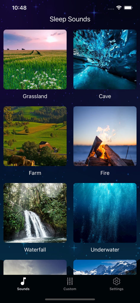 The main interface of the Sleep Sounds app showing a selection of high-quality nature sound themes like Waterfall Fire and Cave.