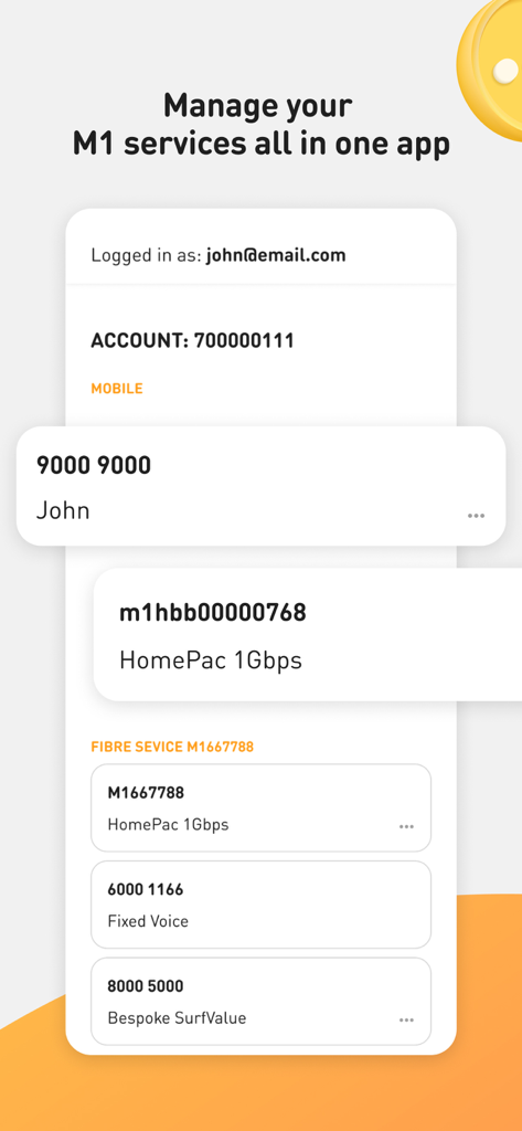 My M1 plus app interface displaying a dashboard for managing mobile and fibre services.