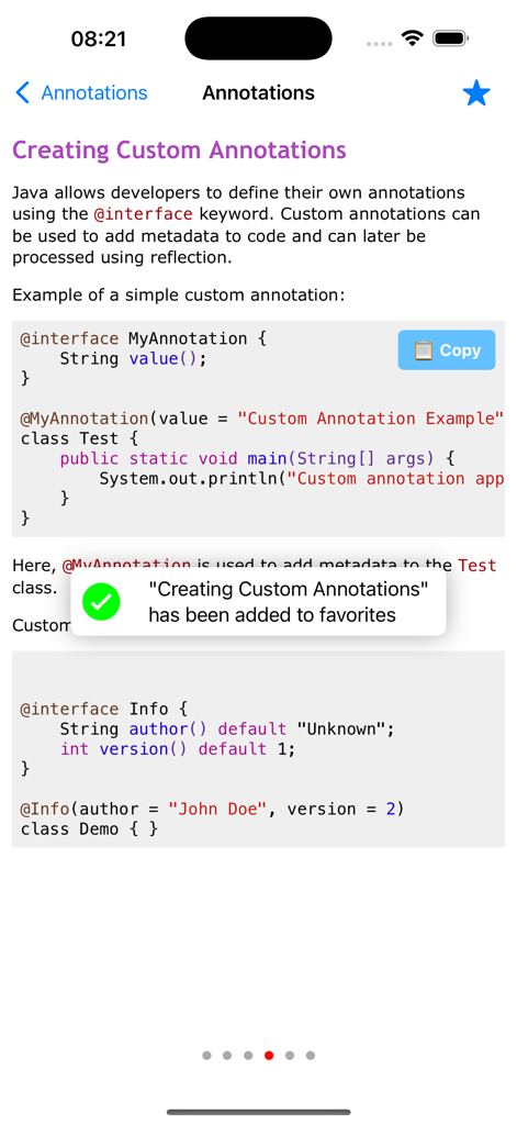 Learn Java Programming Pro - Screenshot of a Java programming lesson on creating custom annotations with an added to favorites notification
